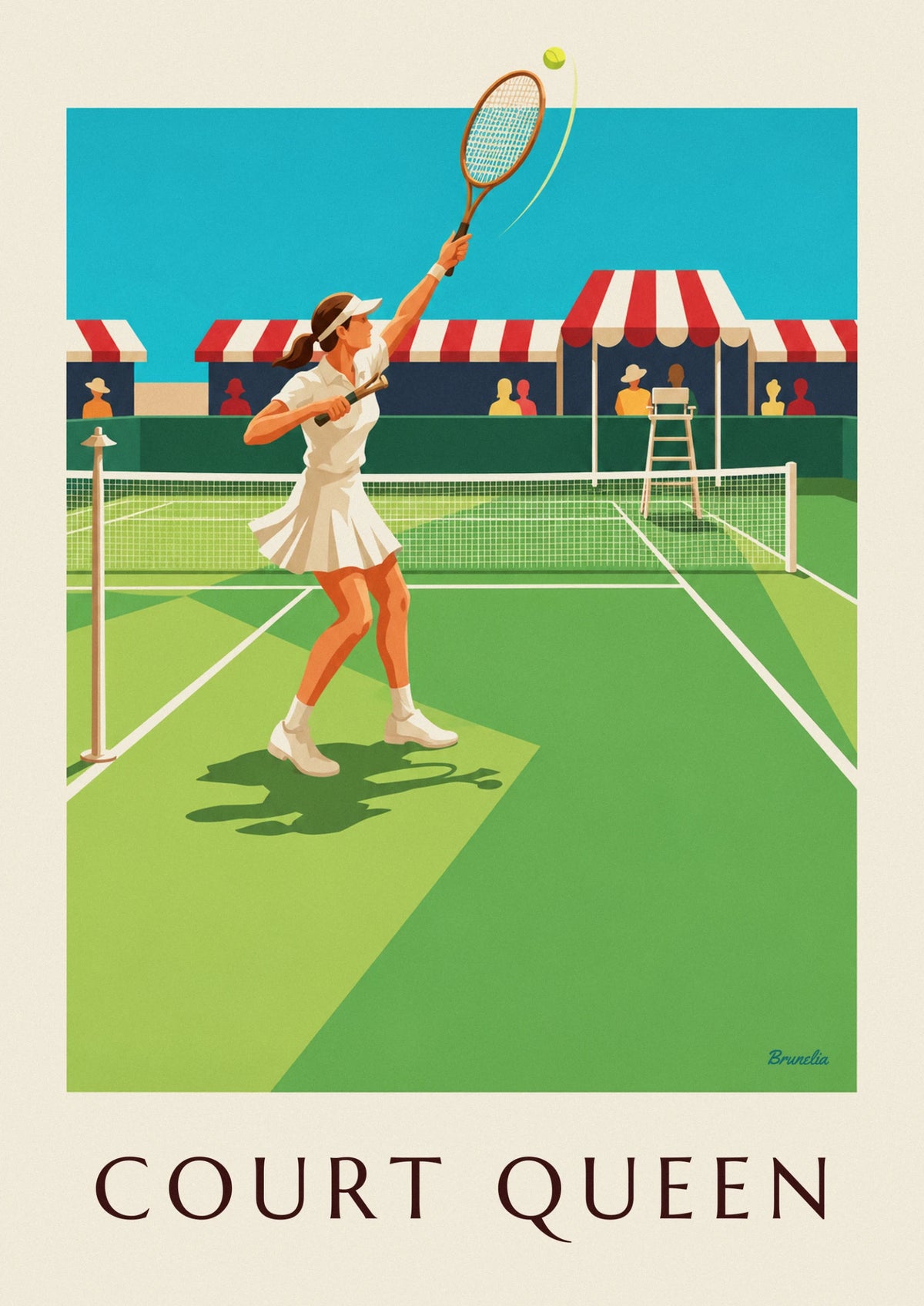 Grass court tennis player in pleated skirt and visor poster