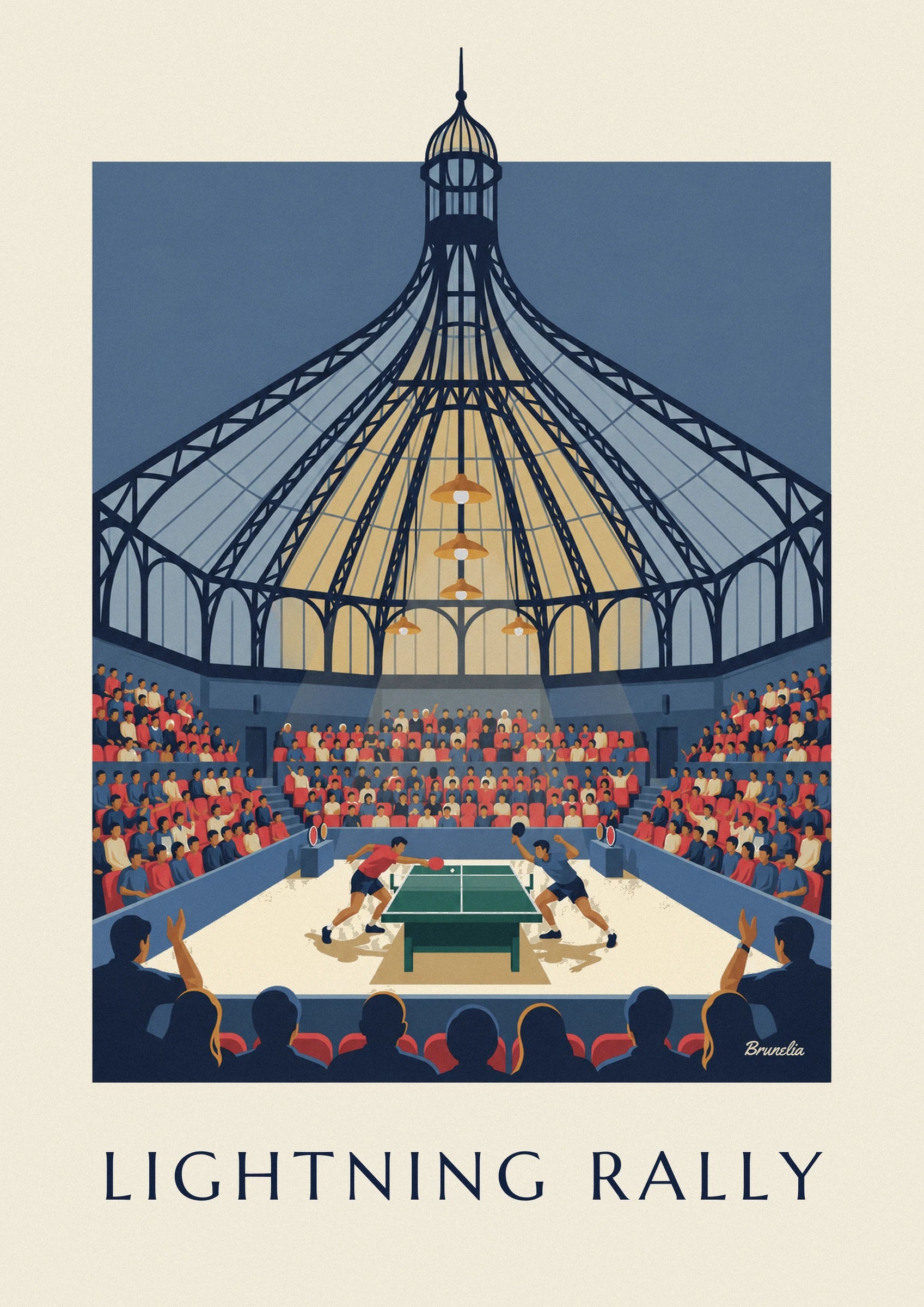 The 2 players in red and blue around the green table, in front of the packed stands