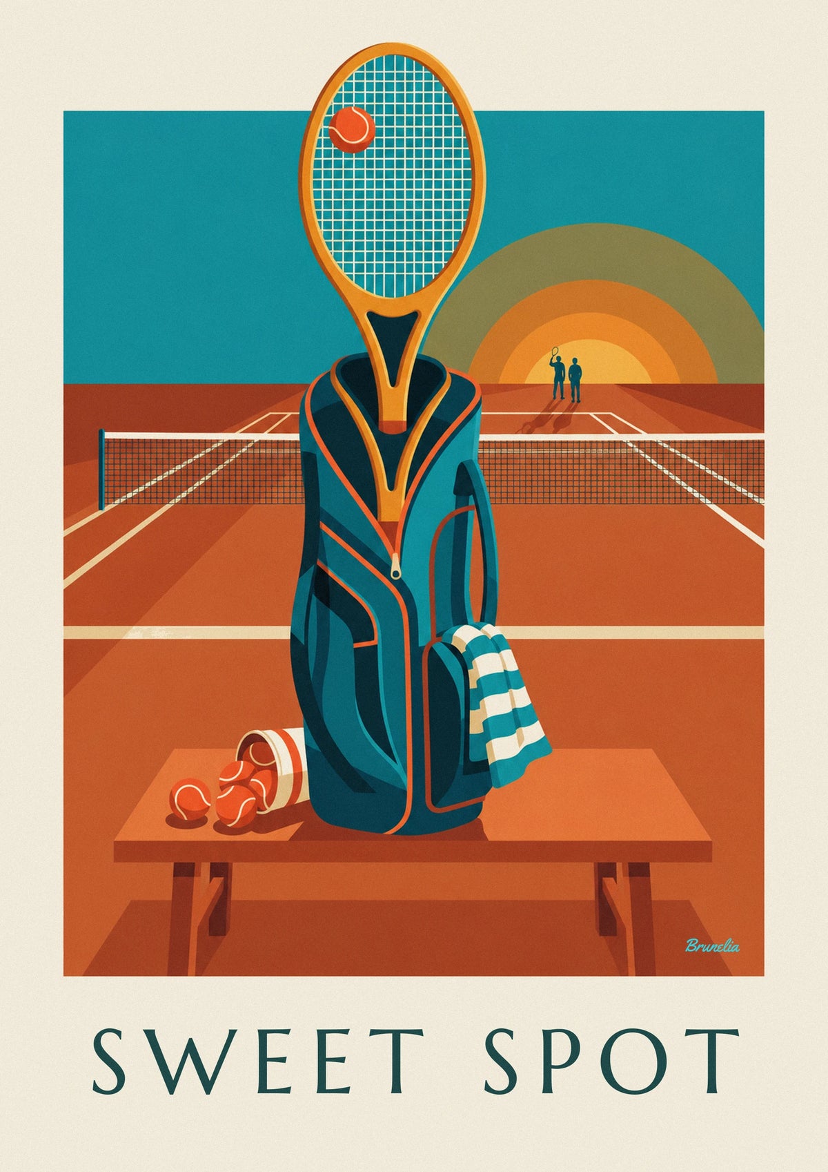Tennis bag, racket and balls courtside poster