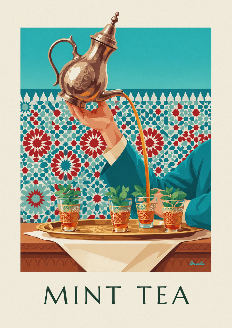 Plakat med mintte serveret i ciselerede glas