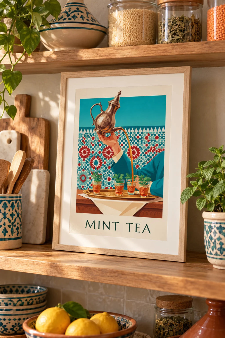 Plakat med mynte-te serveret i graverede glas: lille A4-format i ramme