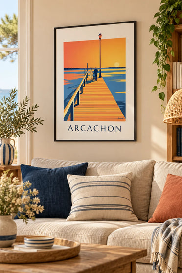 Plakat med Thiers-molen i Arcachon ved solnedgang: indrammet på væggen
