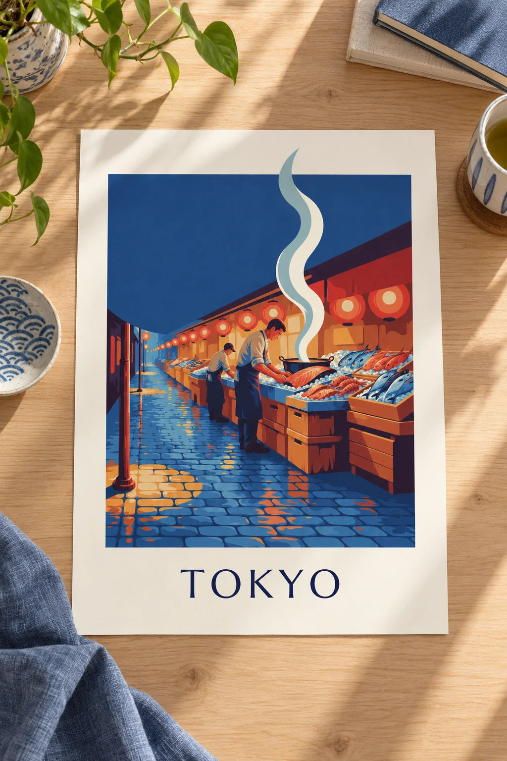 Cuisine : mise en situation de Affiche marché aux poissons de Tokyo sous les lanternes