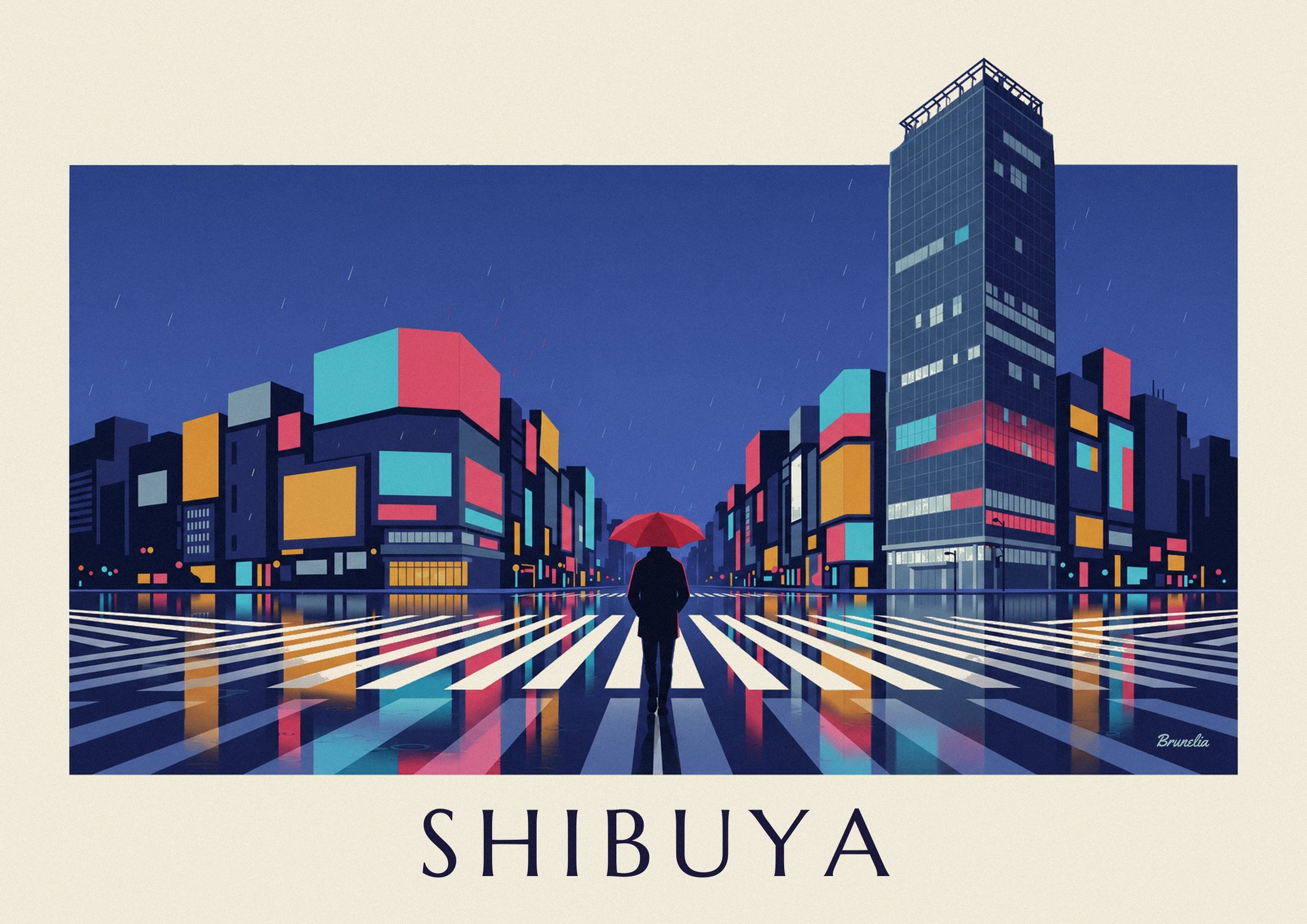 Plakat med fodgængerovergangen i Shibuya om natten i regnvejr: nærbillede af detalje
