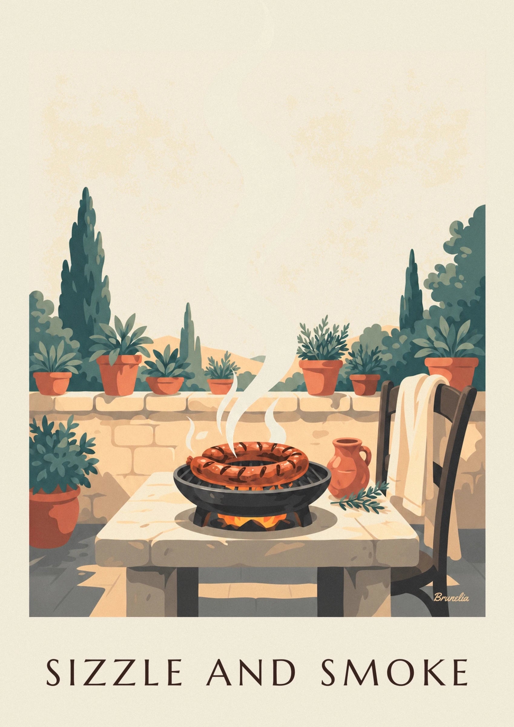 The golden coiled sausage on the black brazier, among flames and smoke