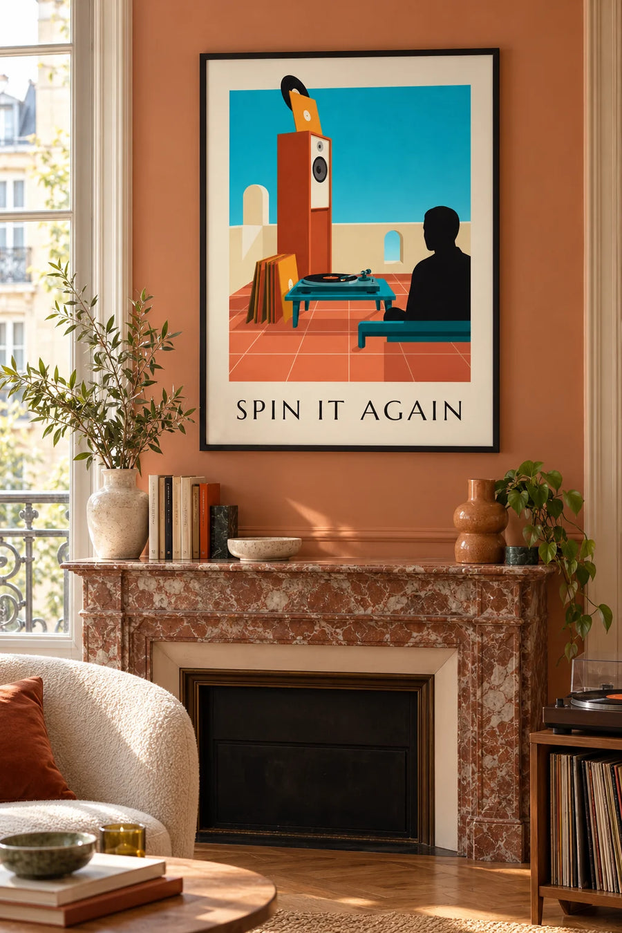 Plakat med pladespiller og roterende vinylplade: indrammet på væggen