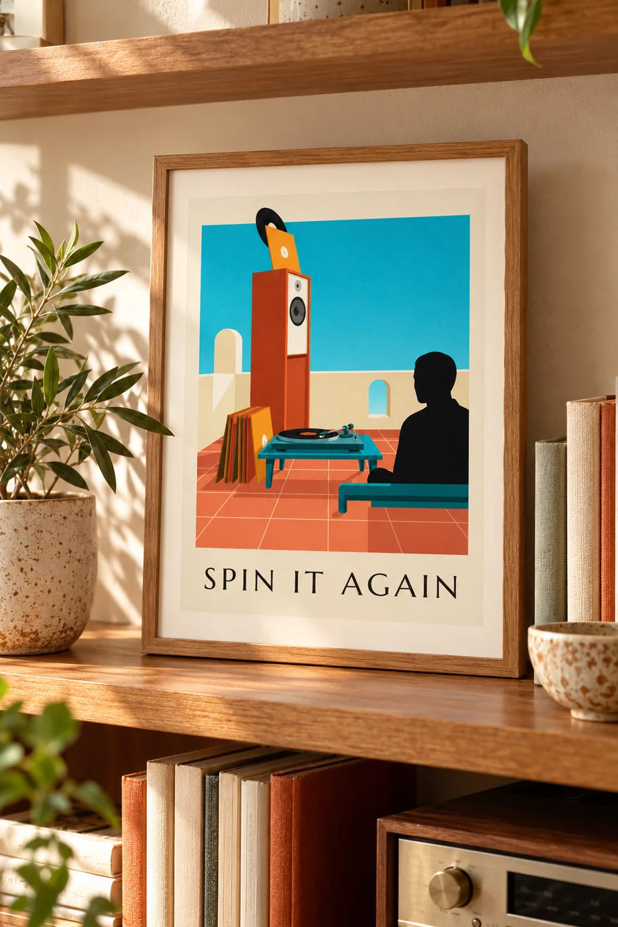 Plakat med pladespiller og roterende vinylplade: lille A4-plakat i ramme