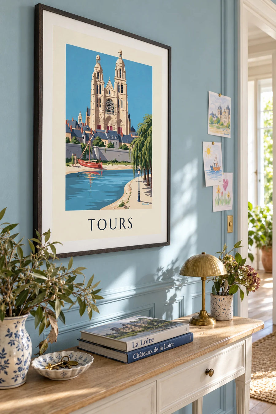 Plakat med katedralen i Tours og Loires bredder: indrammet på væggen