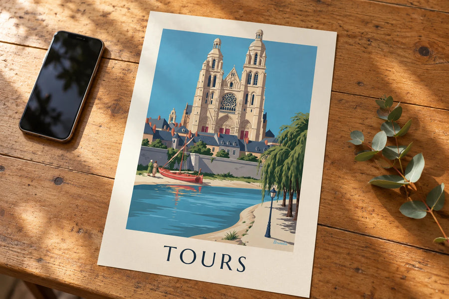 Plakat med katedralen i Tours og Loires bredder: på et bord