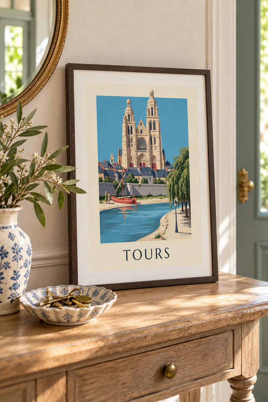 Plakat med katedralen i Tours og Loires bredder: lille A4-format i ramme