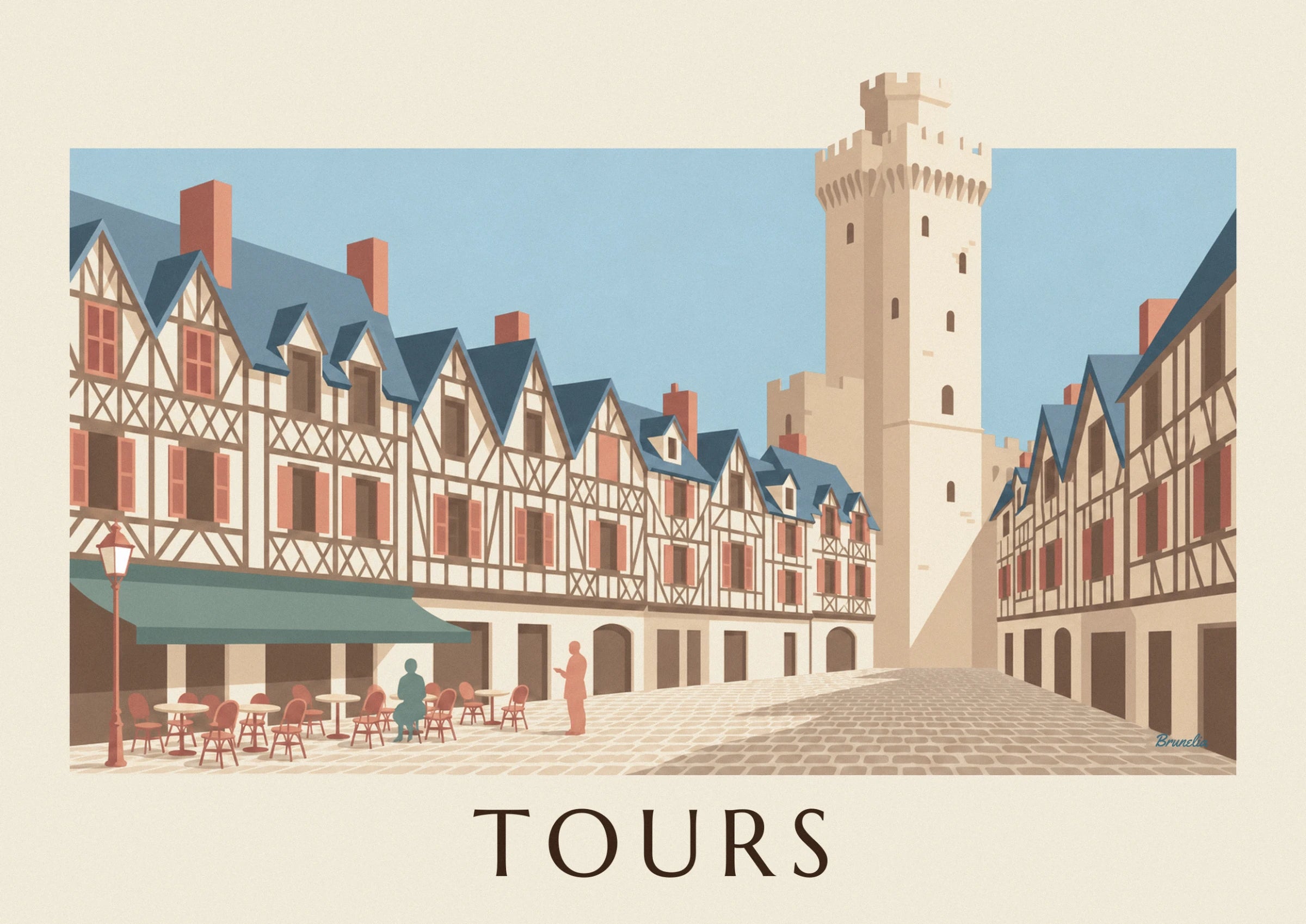 La haute tour crénelée beige sur ciel bleu, dominant les toits d'ardoise bleue
