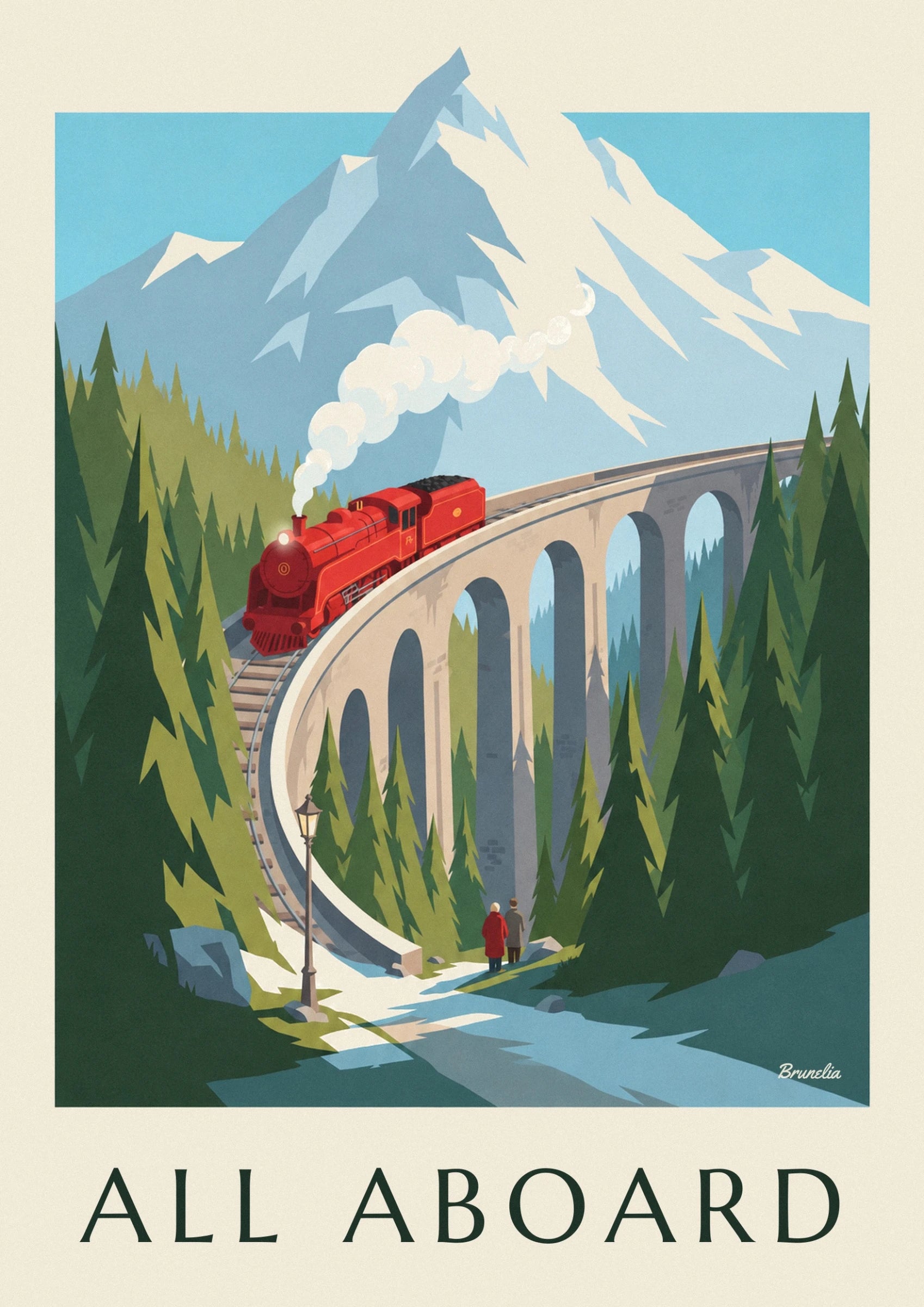 The red locomotive and its coal-filled tender on the stone viaduct