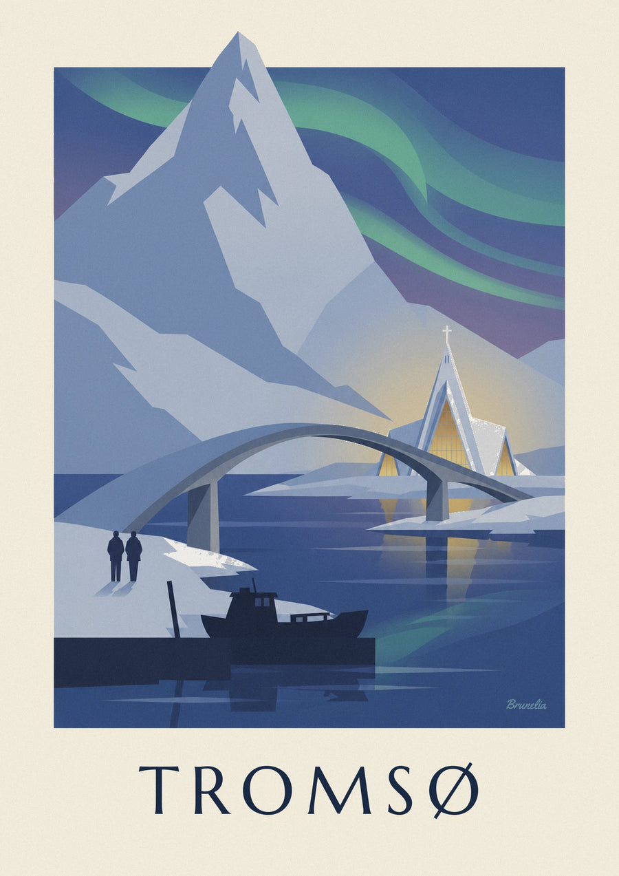 Plakat med Tromsø, porten til Arktis, og nordlys