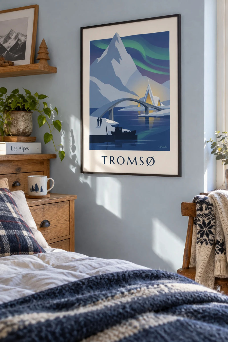 Plakat af Tromsø, porten til Arktis, og nordlyset: indrammet på væggen