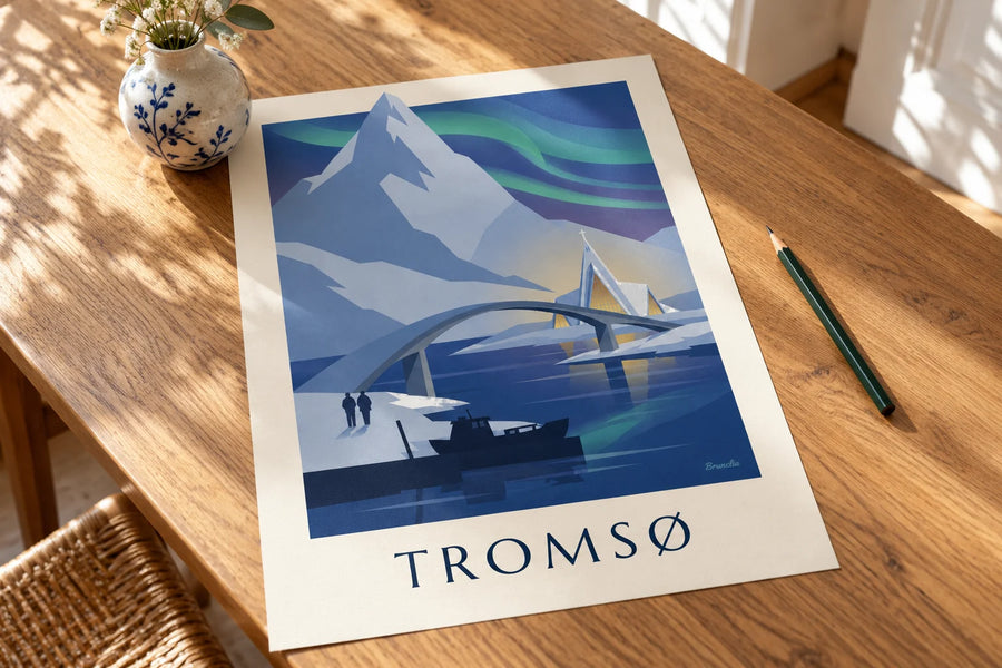 Plakat med Tromsø, porten til Arktis, og nordlys: på et bord