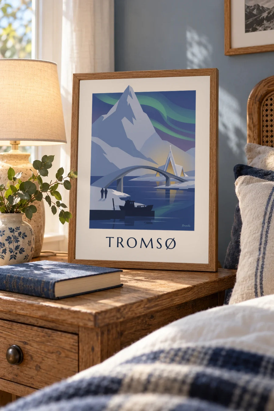 Plakat med Tromsø, porten til Arktis, og nordlys: lille A4-format i ramme