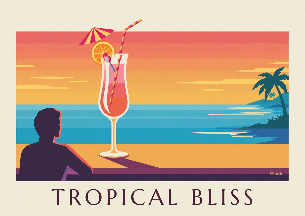 Affiche cocktail exotique sur un bar de plage au coucher du soleil