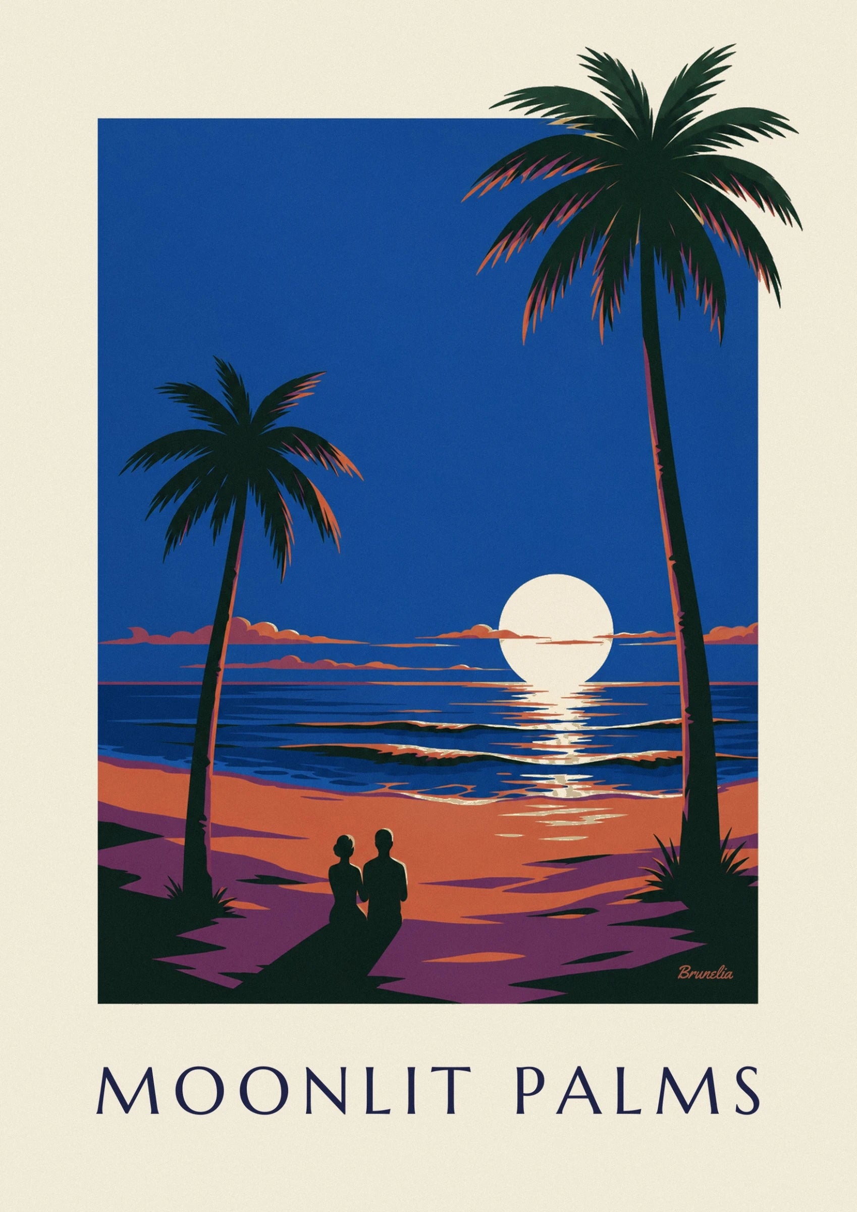 A dark palm tree with coral-edged fronds against a deep blue sky