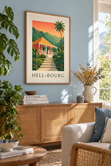 Plakat med kreolsk hus med udskårne vindskeder i Hell-Bourg på Réunion: indrammet på væggen