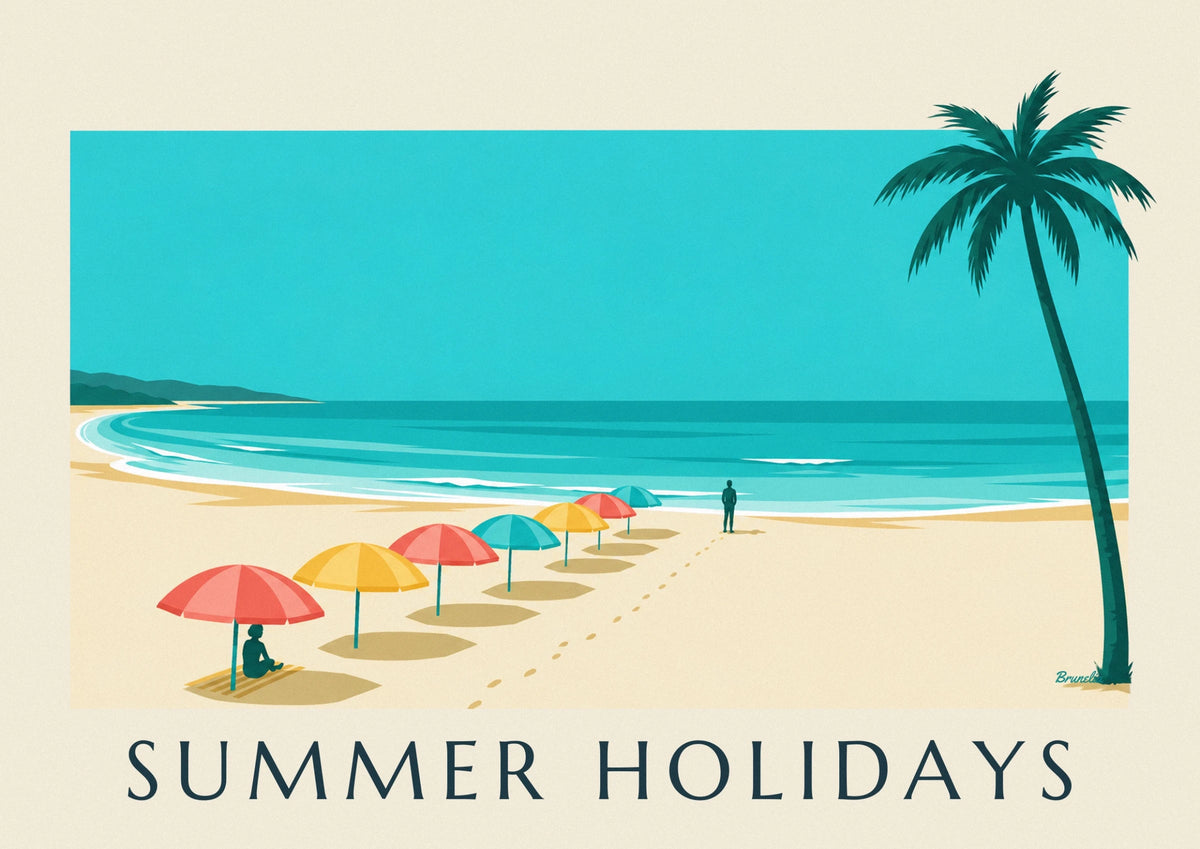 Summer vacation palm trees and colorful parasols poster