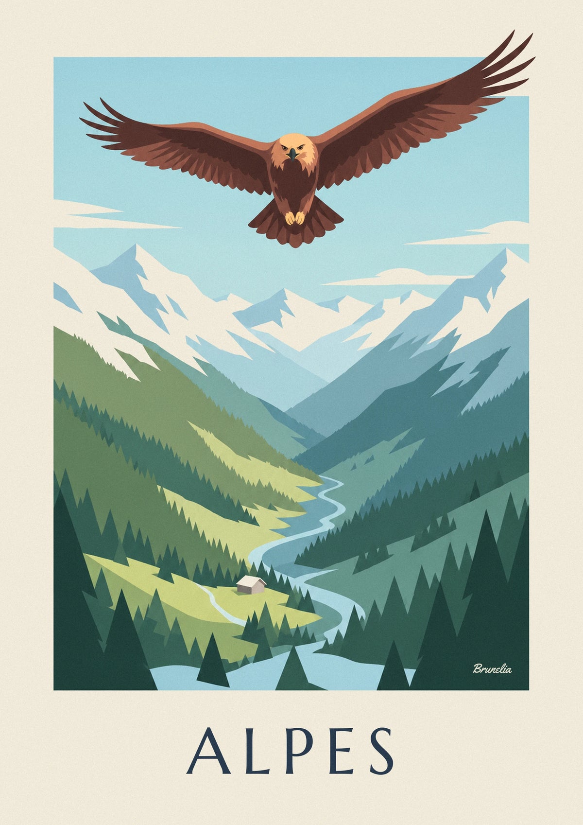 Affiche aigle royal au-dessus d'une vallée des Alpes