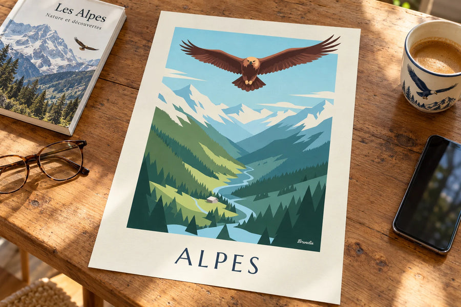 Plakat med kongeørn over en alpedal: på et bord