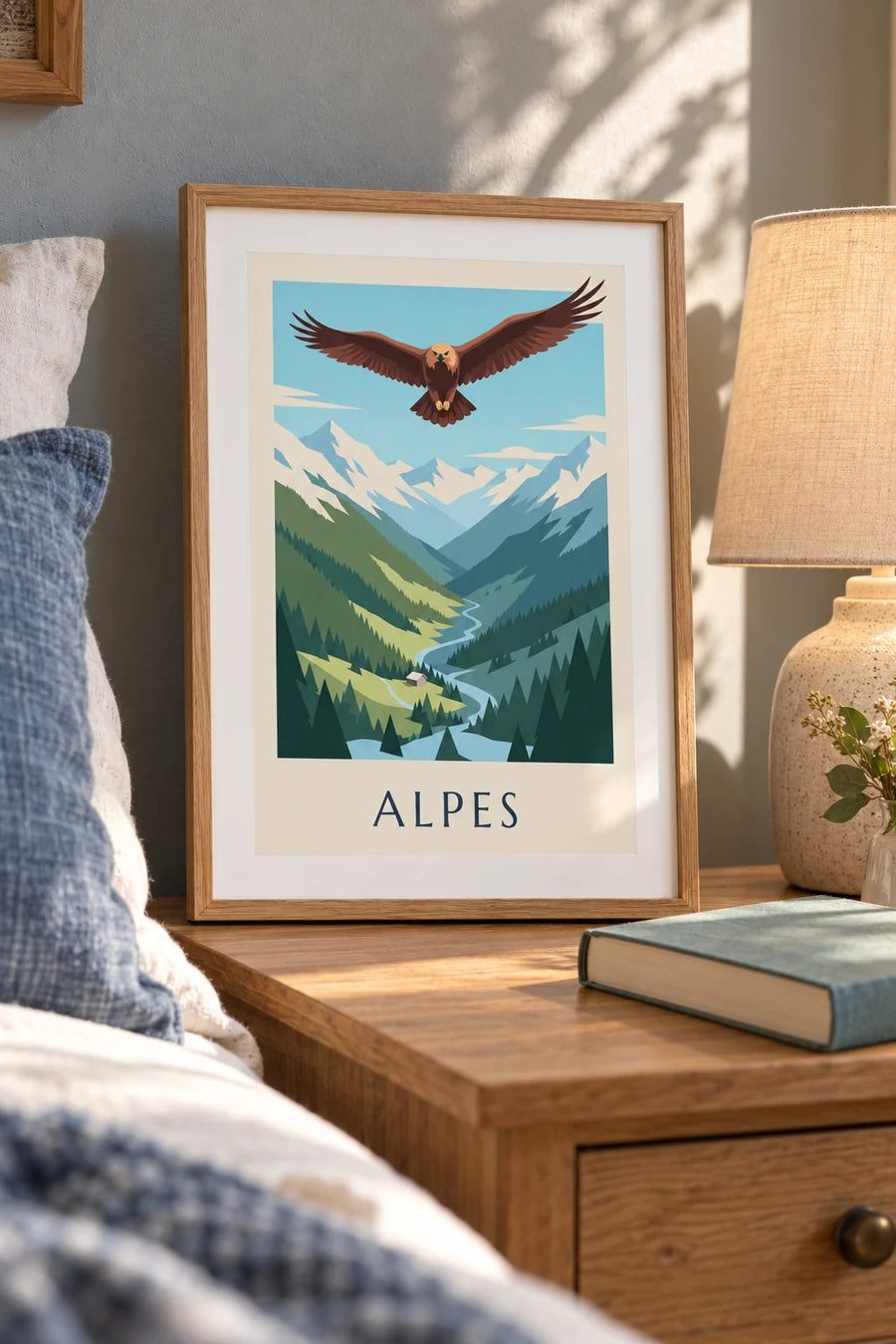 Plakat med kongeørn over en dal i Alperne: lille A4-format i ramme