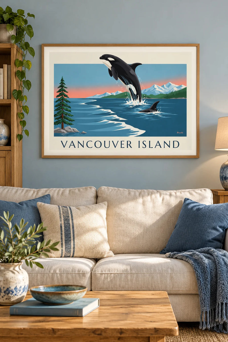 Plakat med spækhugger og bjerge på Vancouver Island i Canada: indrammet på væggen