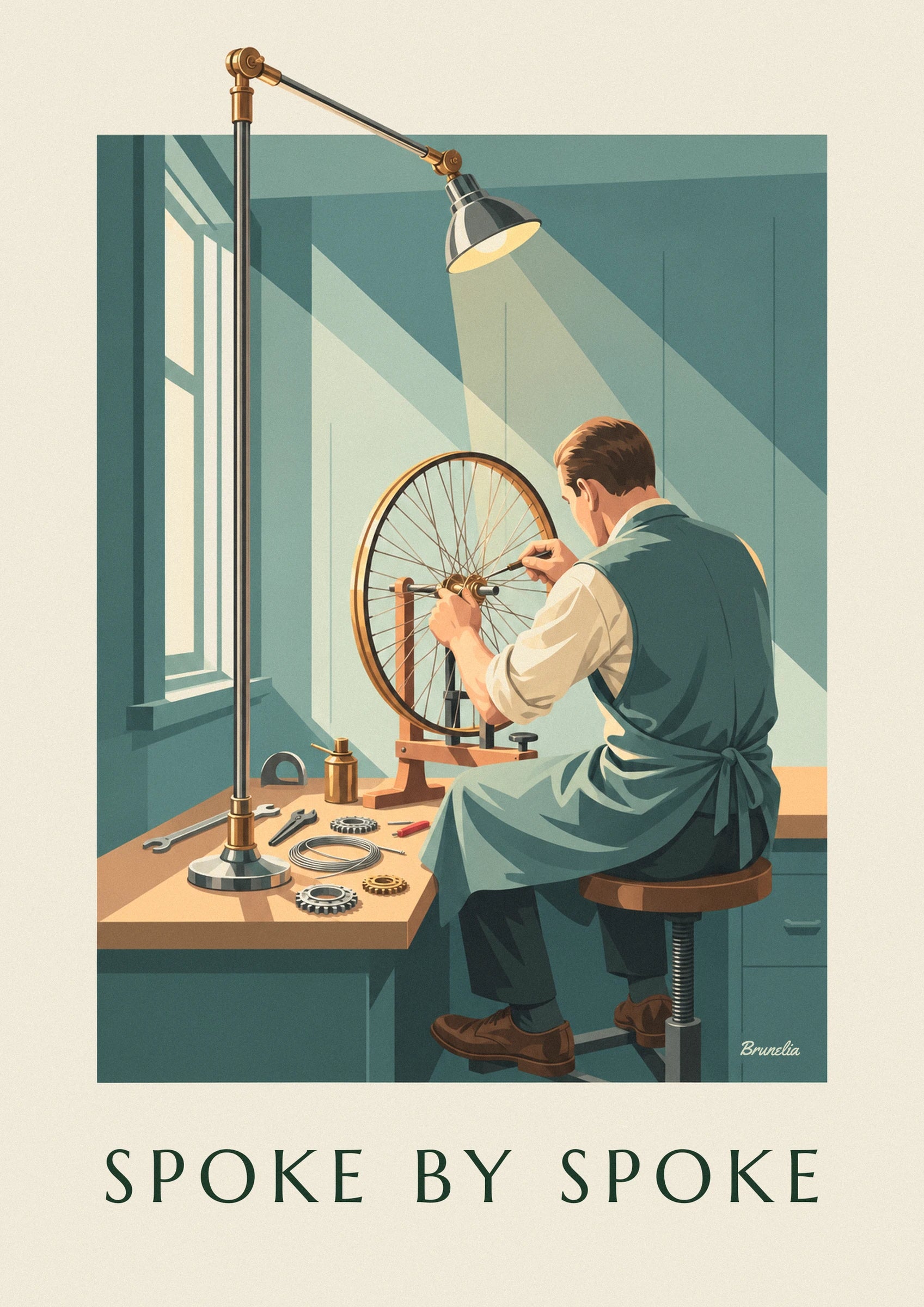 The craftsman seen from behind in a green apron and cream shirt, adjusting the spokes of a wheel