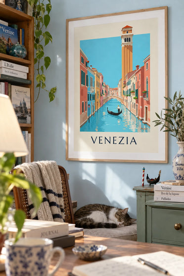 Gondolier poster on a Venice canal: framed on the wall