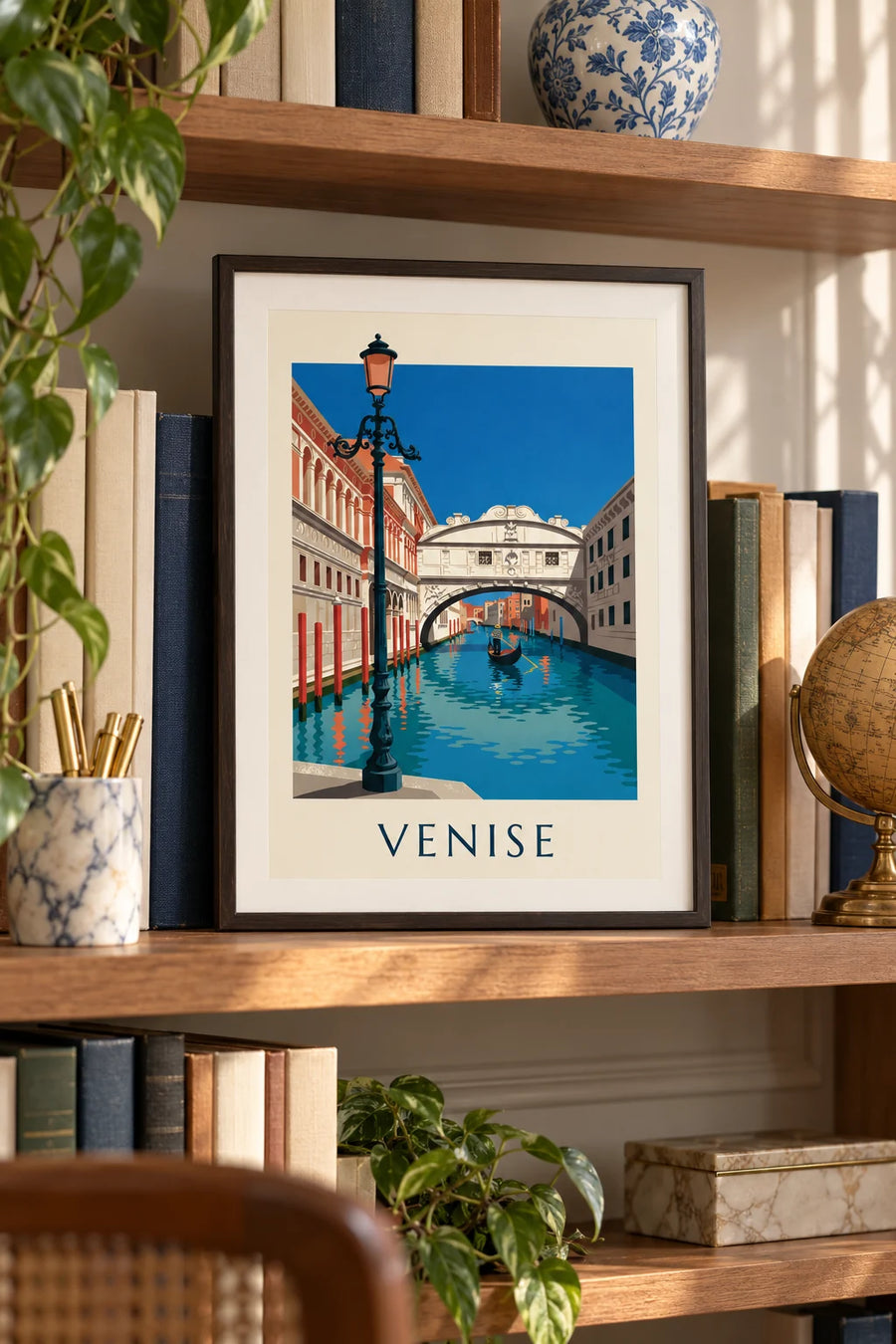 Plakat med gondol under Sukkenes Bro i Venedig: lille A4-format i ramme