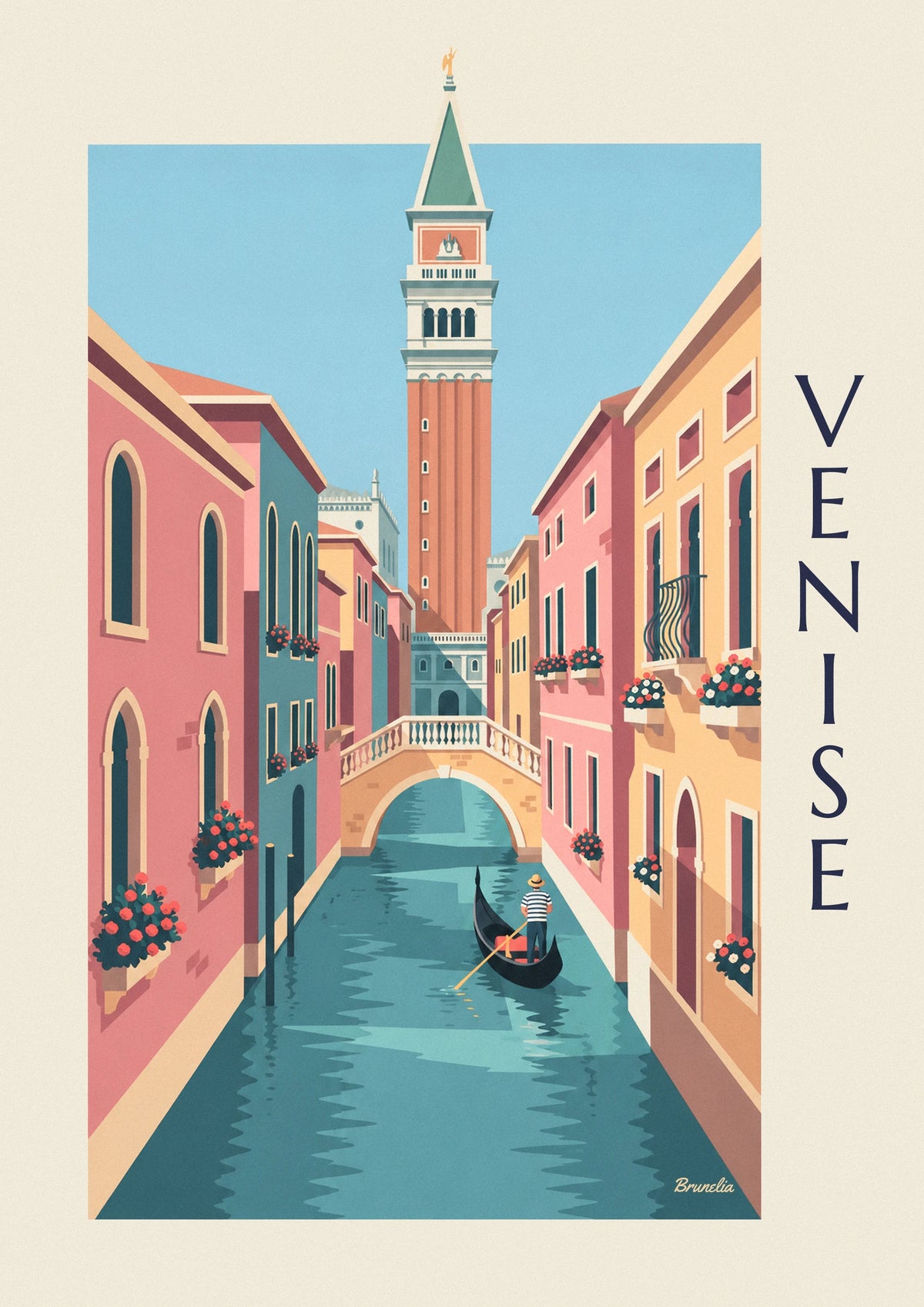 Gondolier on a small canal under the Venice Campanile poster