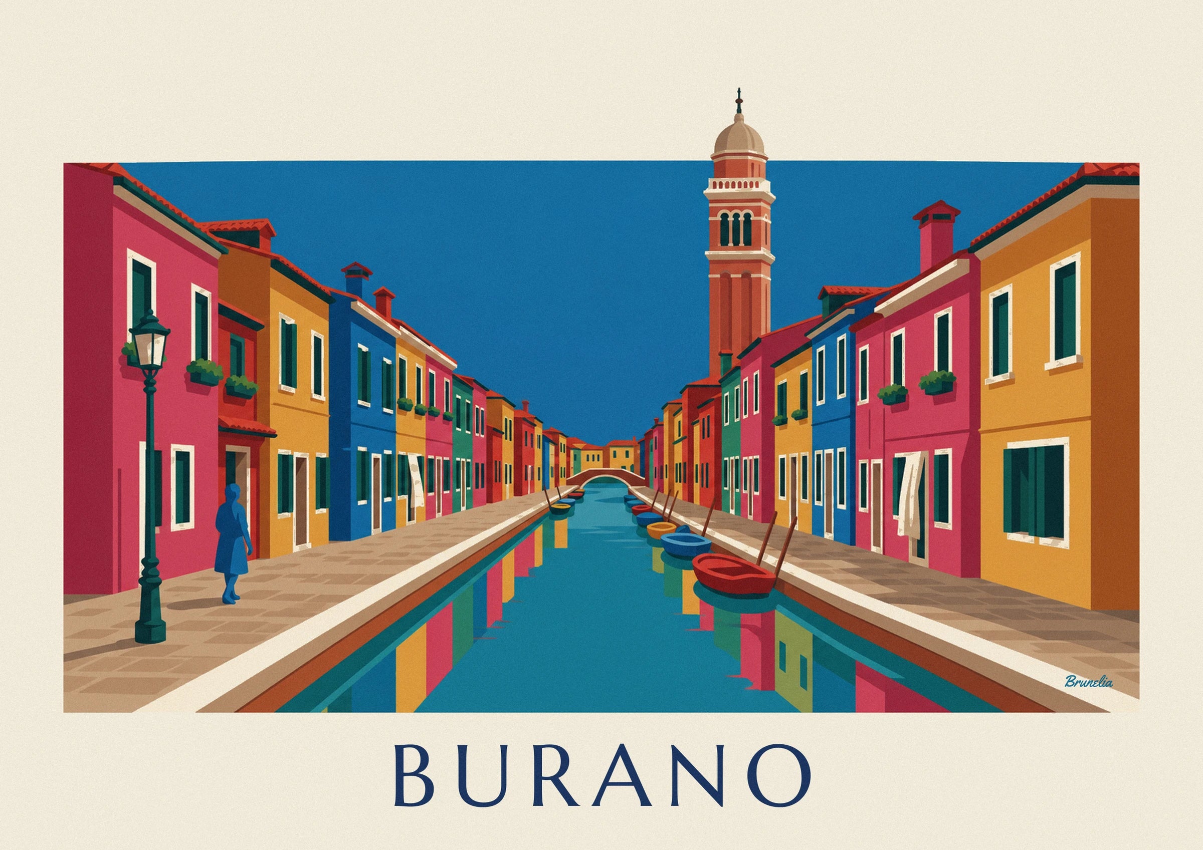 Plakat med kanal og farverige huse i Burano, skævt klokketårn: nærbillede af detalje