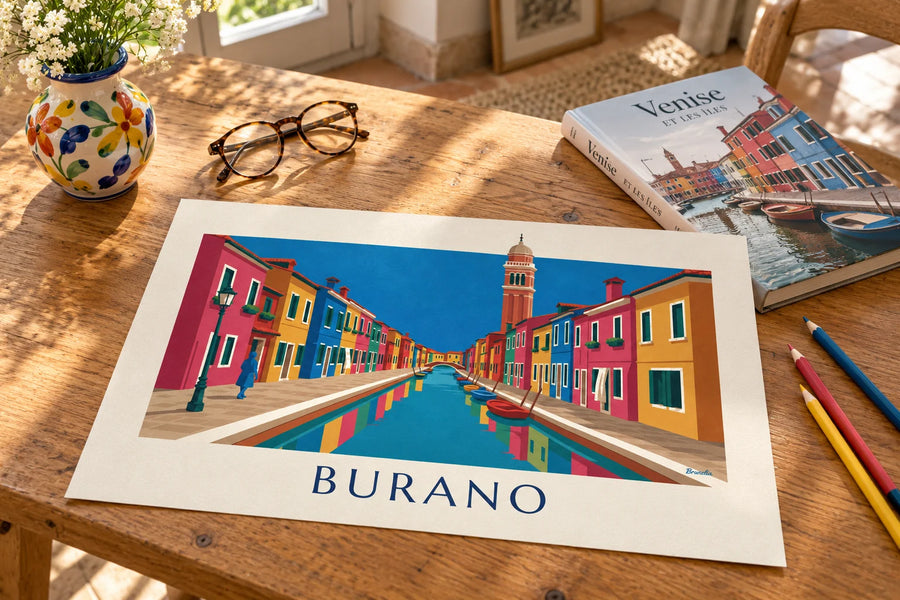 Plakat med kanal og farverige huse i Burano og det skæve campanile: på et bord