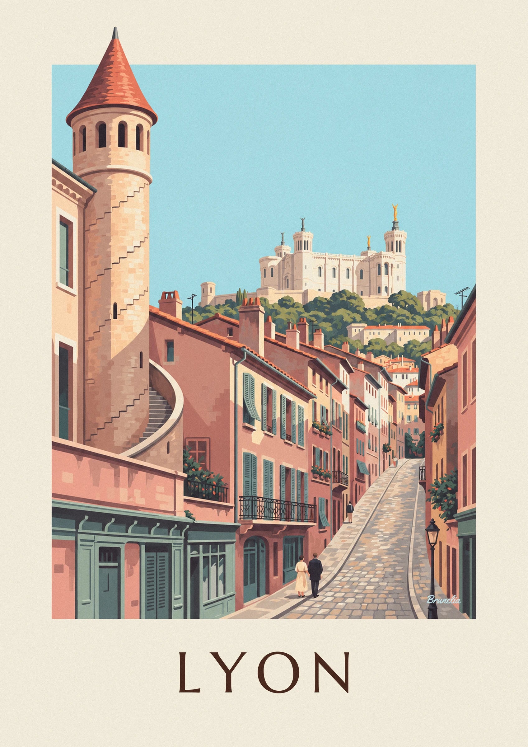 Plakat med renæssancefacader i Vieux Lyon og Fourvière: nærbillede af detalje