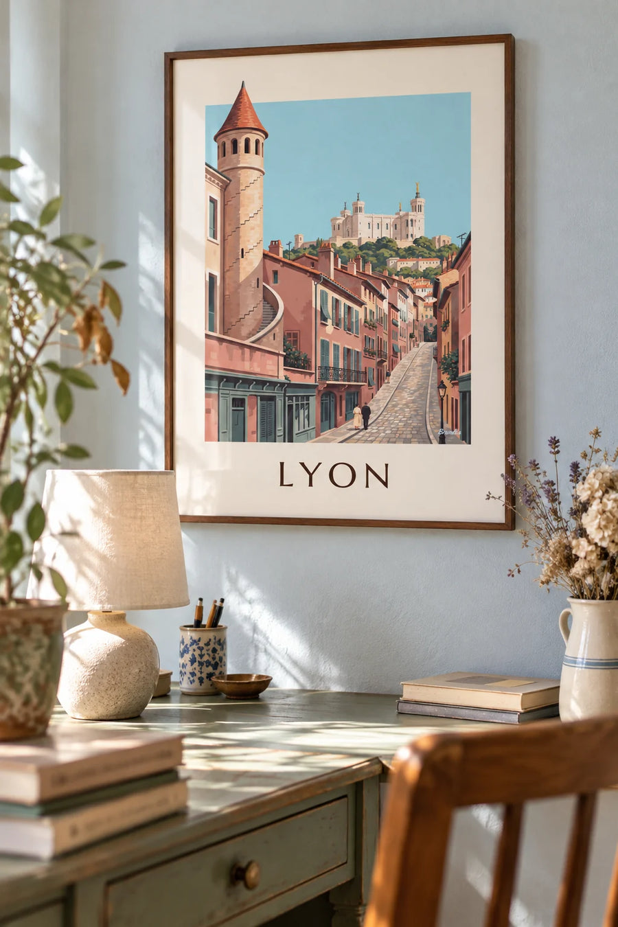 Plakat med renæssancefacader i Vieux Lyon og Fourvière: indrammet på væggen