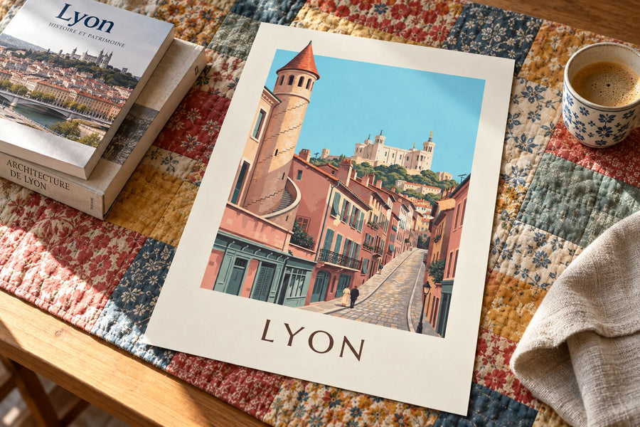 Plakat med renæssancefacader i Vieux Lyon og Fourvière: på et bord