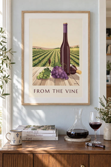 Affiche grappes de raisin et bouteilles de vin français : encadrée au mur