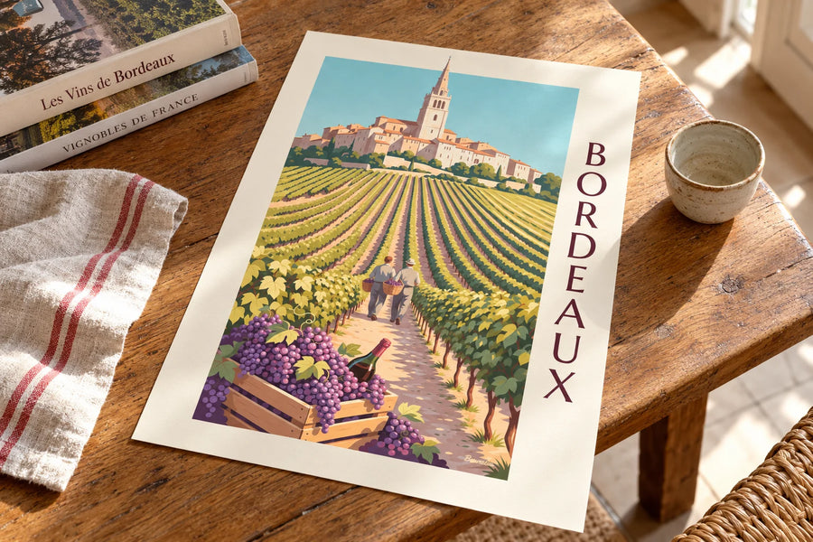 Affiche vendanges à Saint-Émilion, caisse de raisin et vignes dorées : posée sur une table