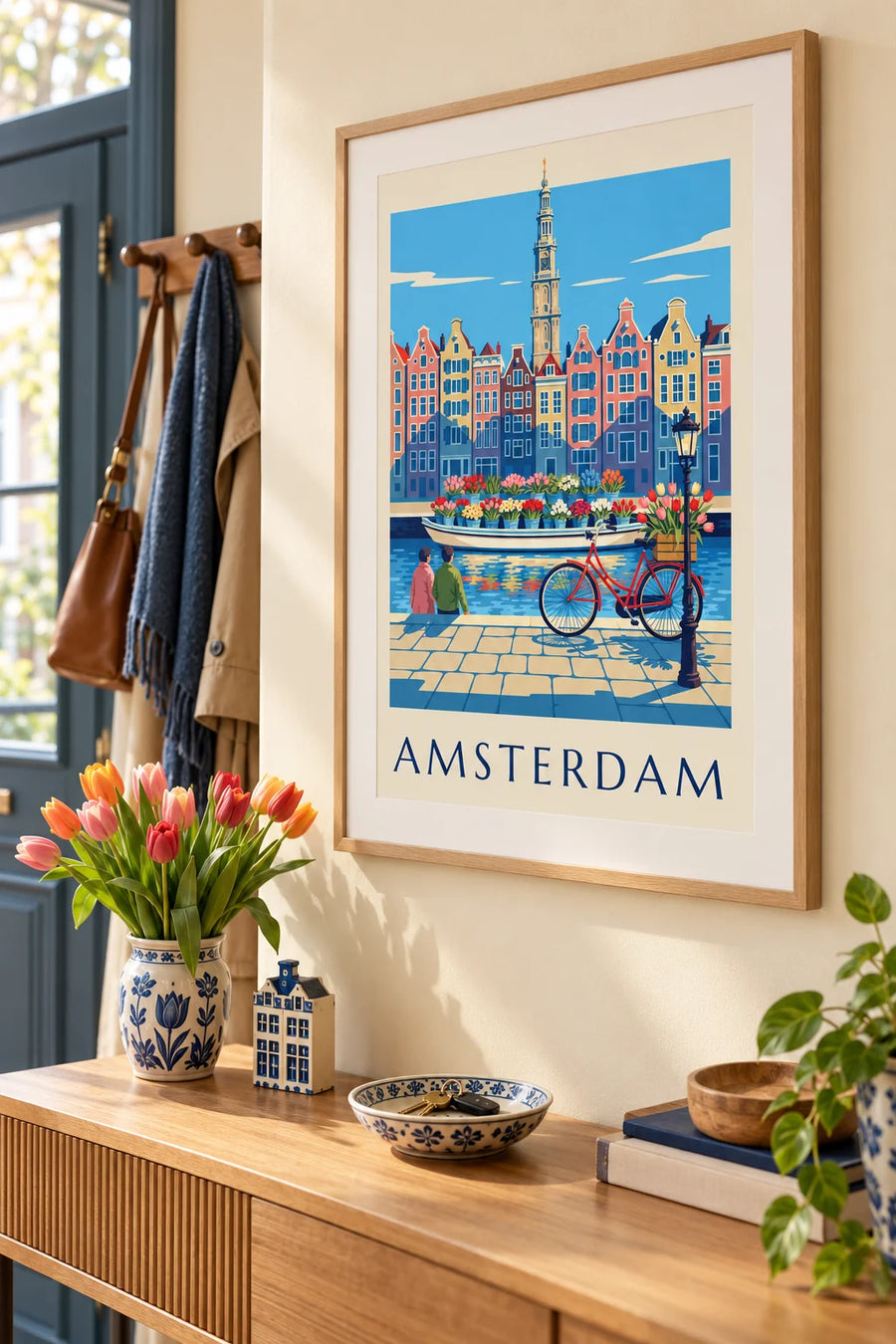 Plakat med cykel og tulipaner på blomstermarkedet i Amsterdam: indrammet på væggen