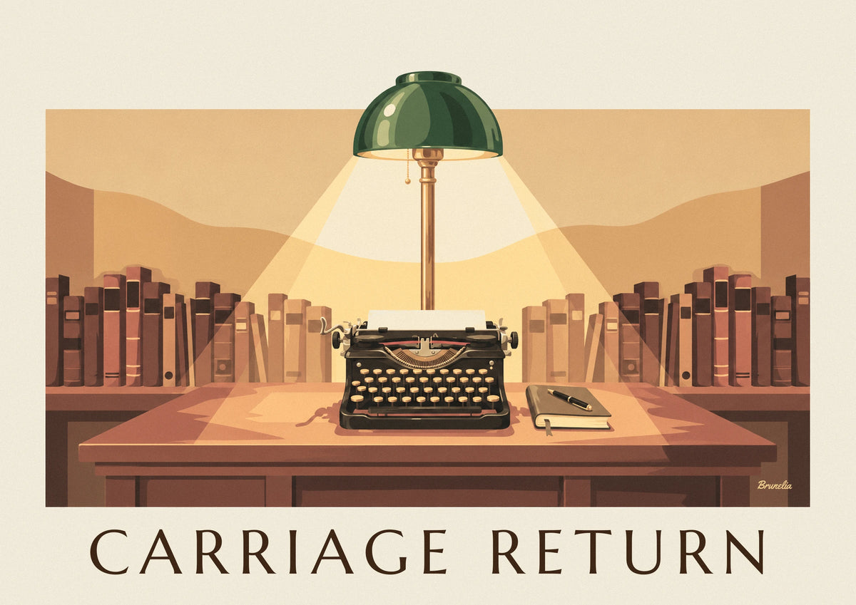Typewriter and green desk lamp poster