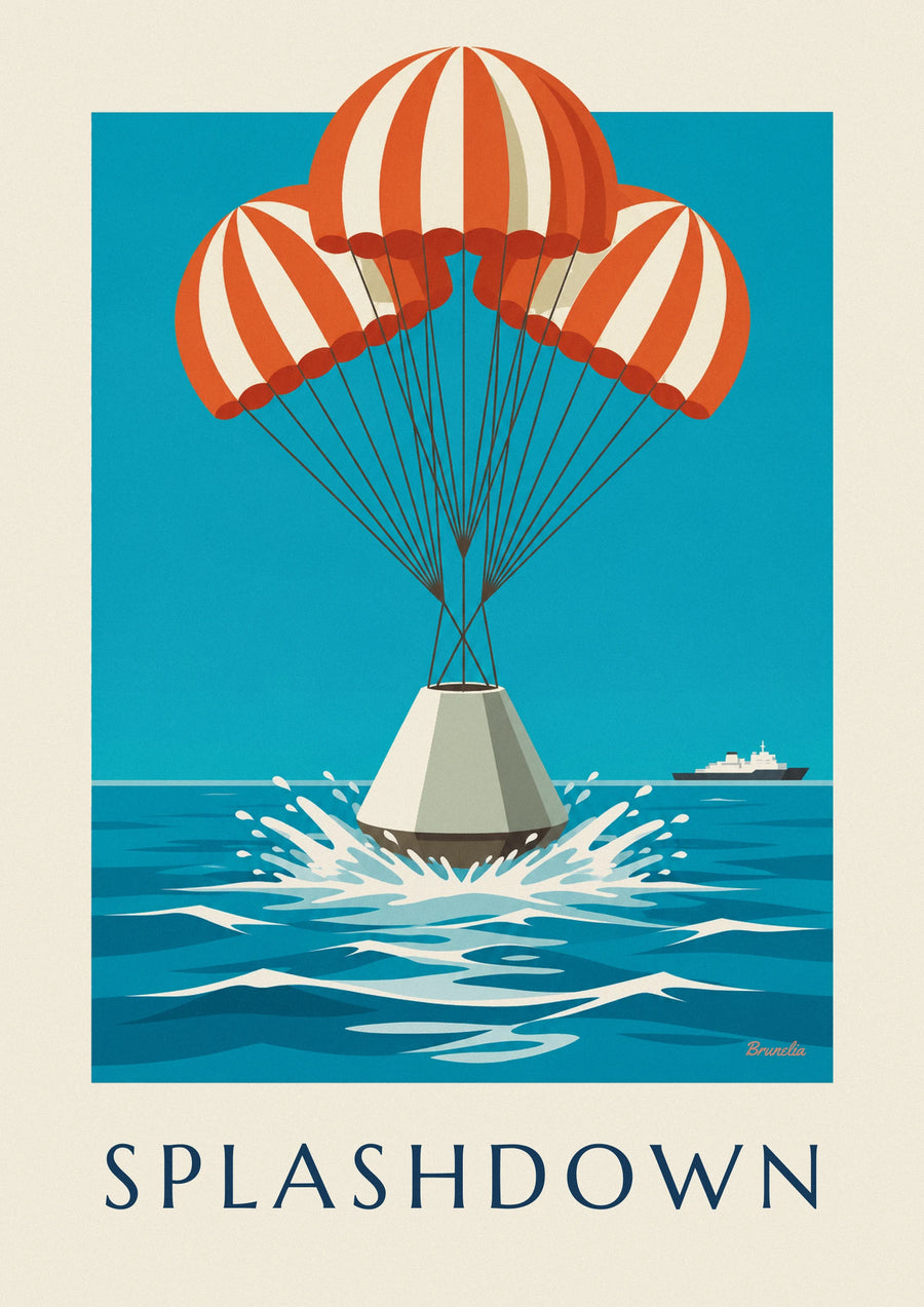 Plakat med rumkapsel, der lander i havet
