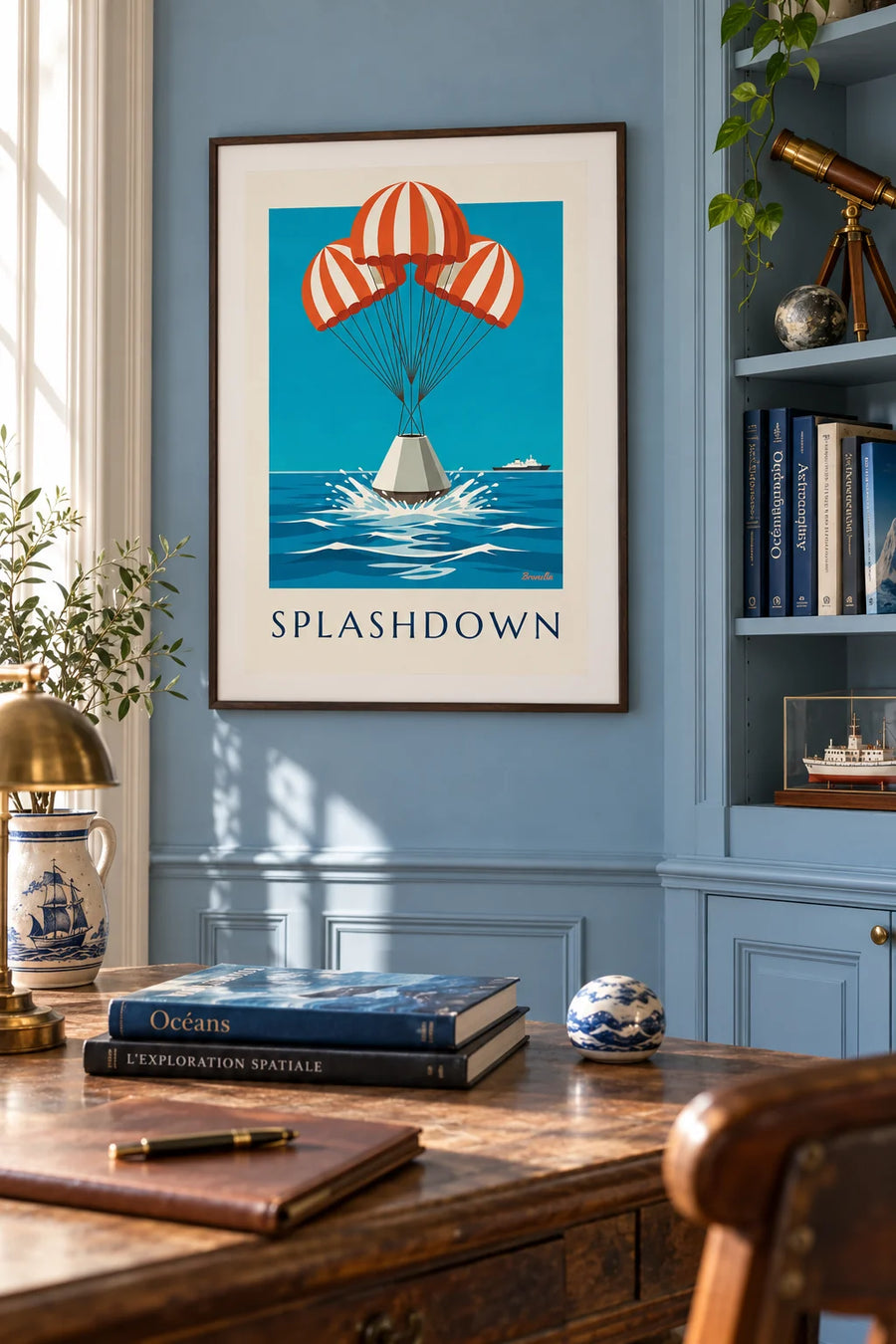 Plakat med en rumkapsel, der lander i havet: indrammet på væggen
