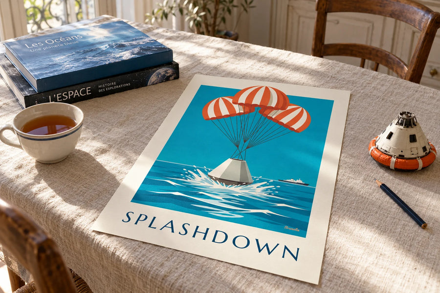Plakat med rumkapsel, der lander i havet: på et bord