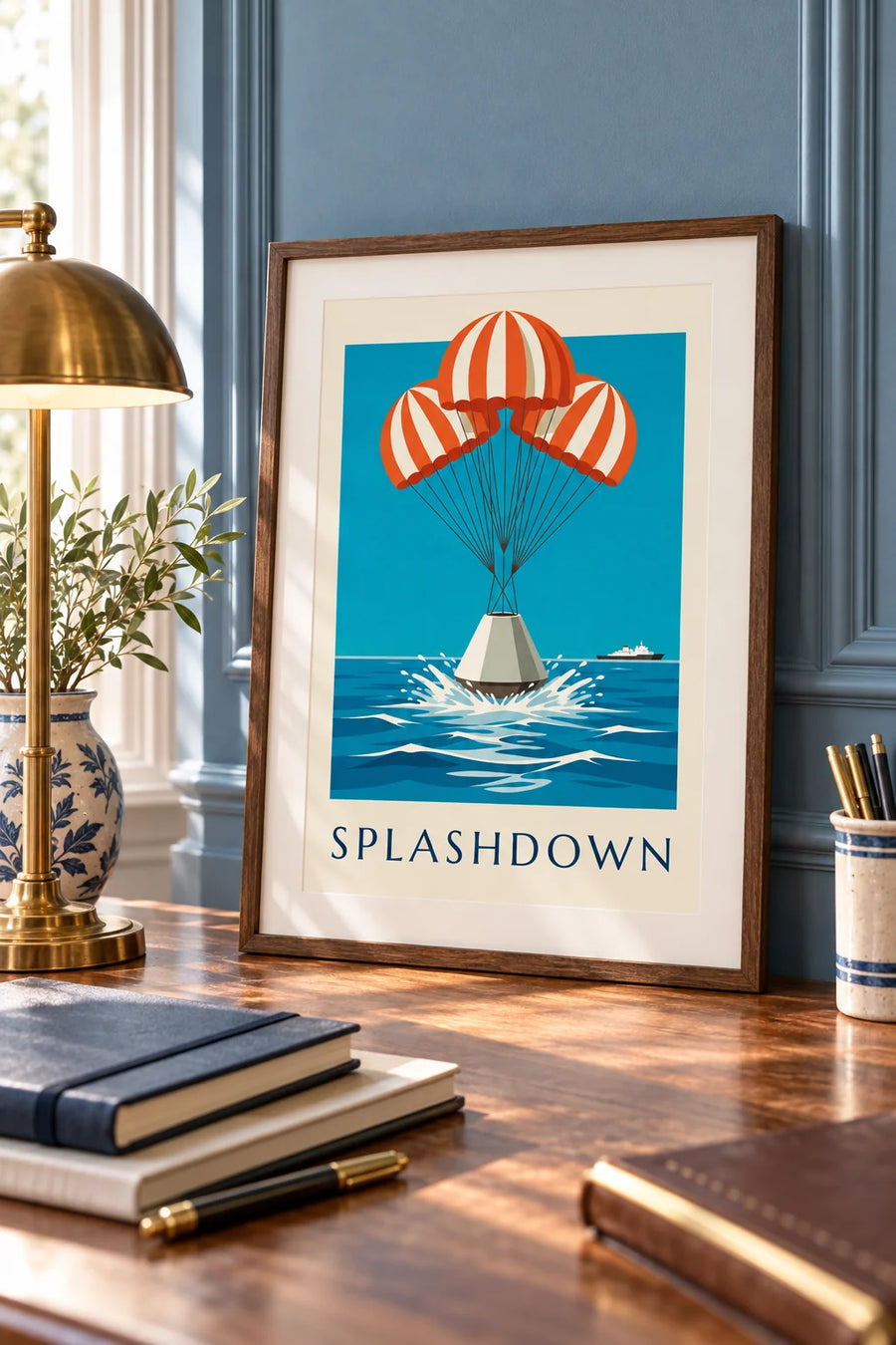 Plakat med rumkapsel, der lander i havet: lille A4-format i ramme