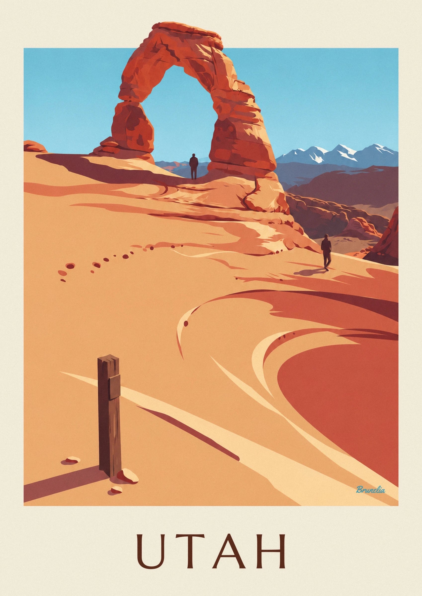 The red sandstone arch of Delicate Arch and a figure beneath the blue sky