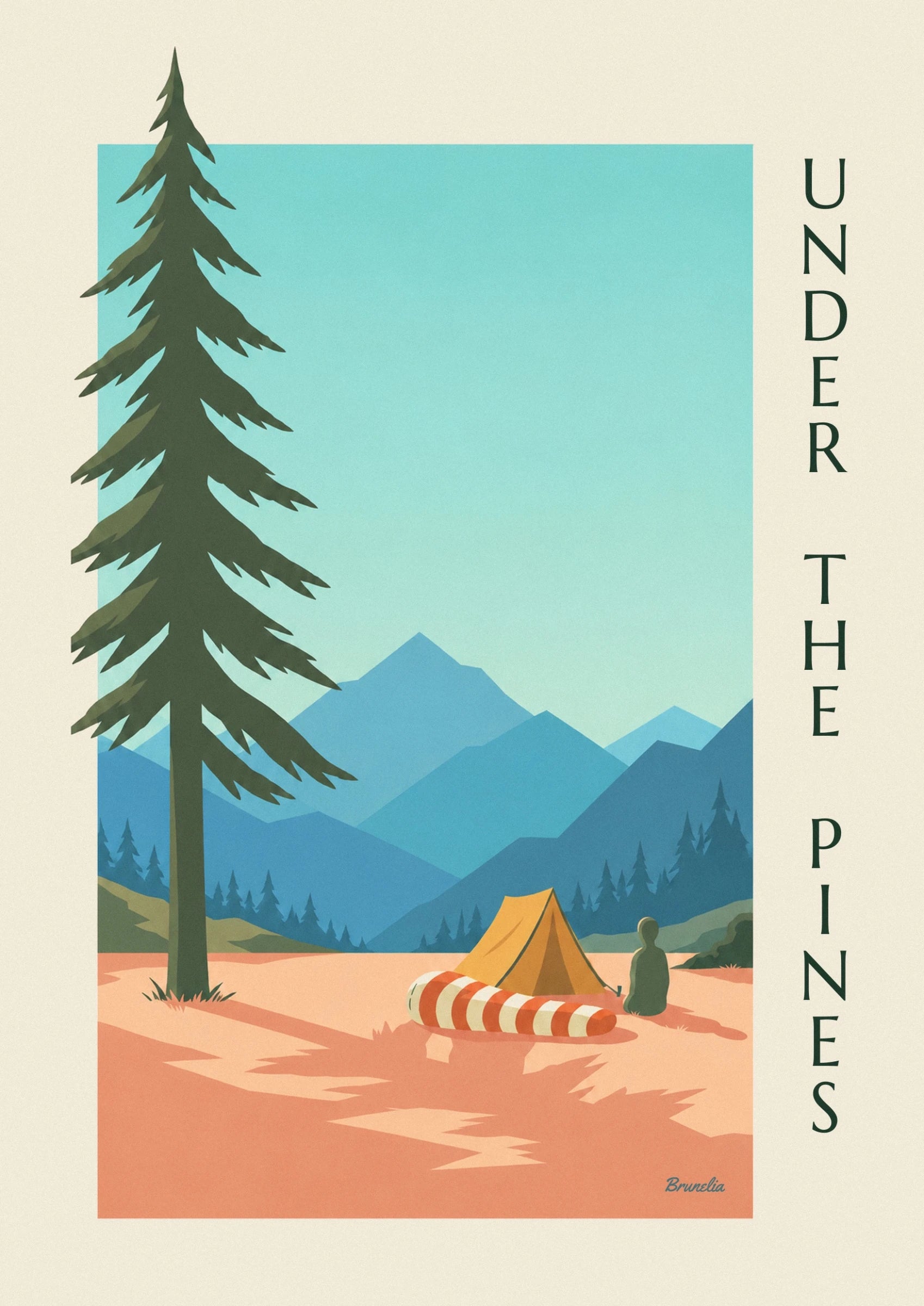 The red and cream striped sleeping bag in front of the yellow tent, at the foot of the mountains