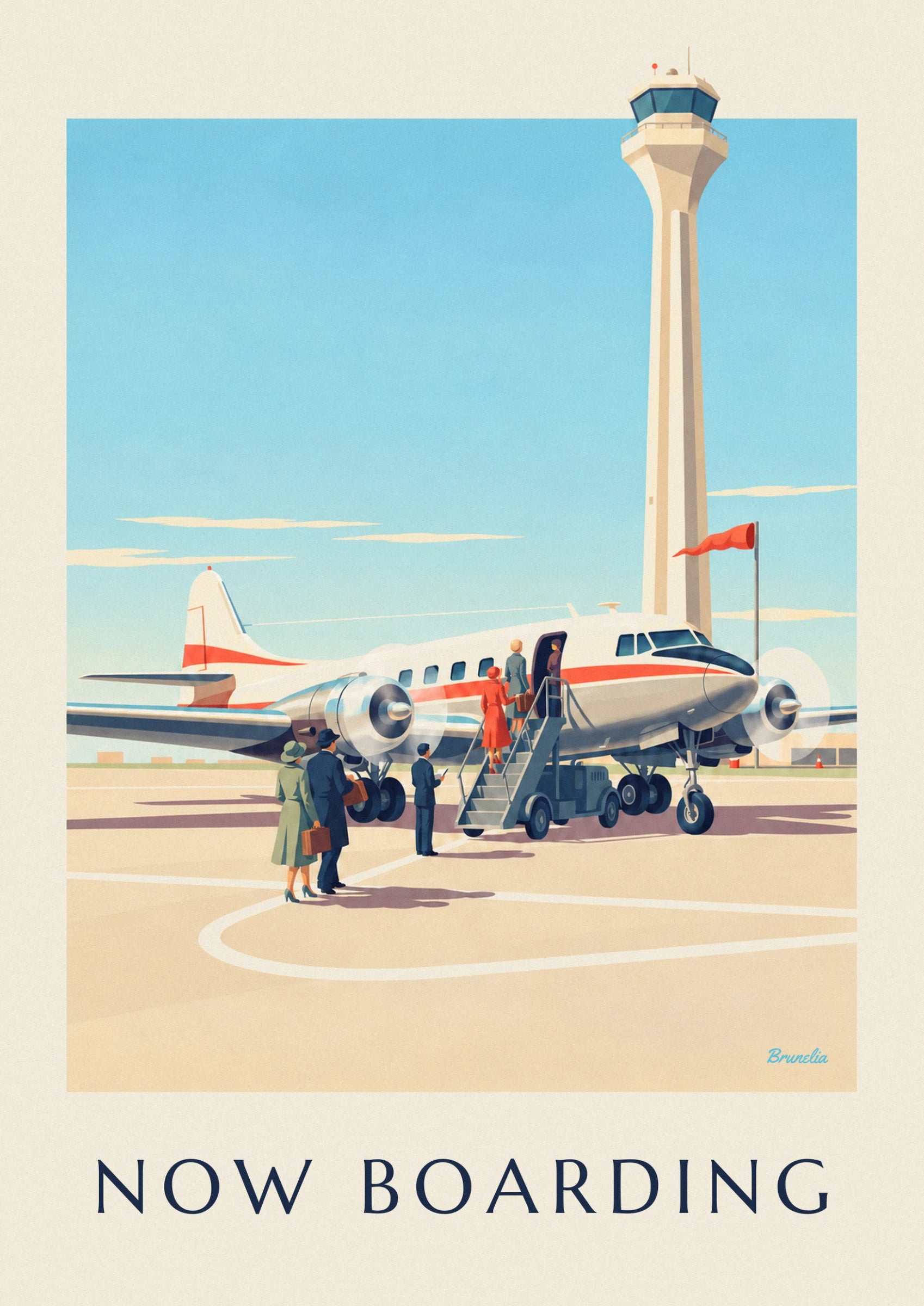 Passagers en manteau rouge et gris montant l'escalier de l'avion à hélices, sur le tarmac