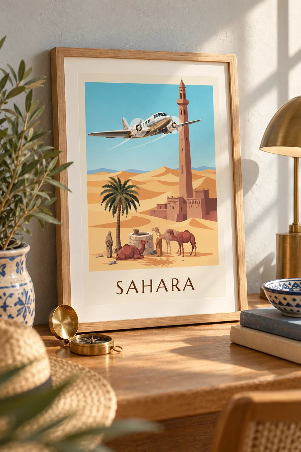 Bureau : mise en situation de Affiche avion trimoteur survolant une oasis et les dunes du Sahara