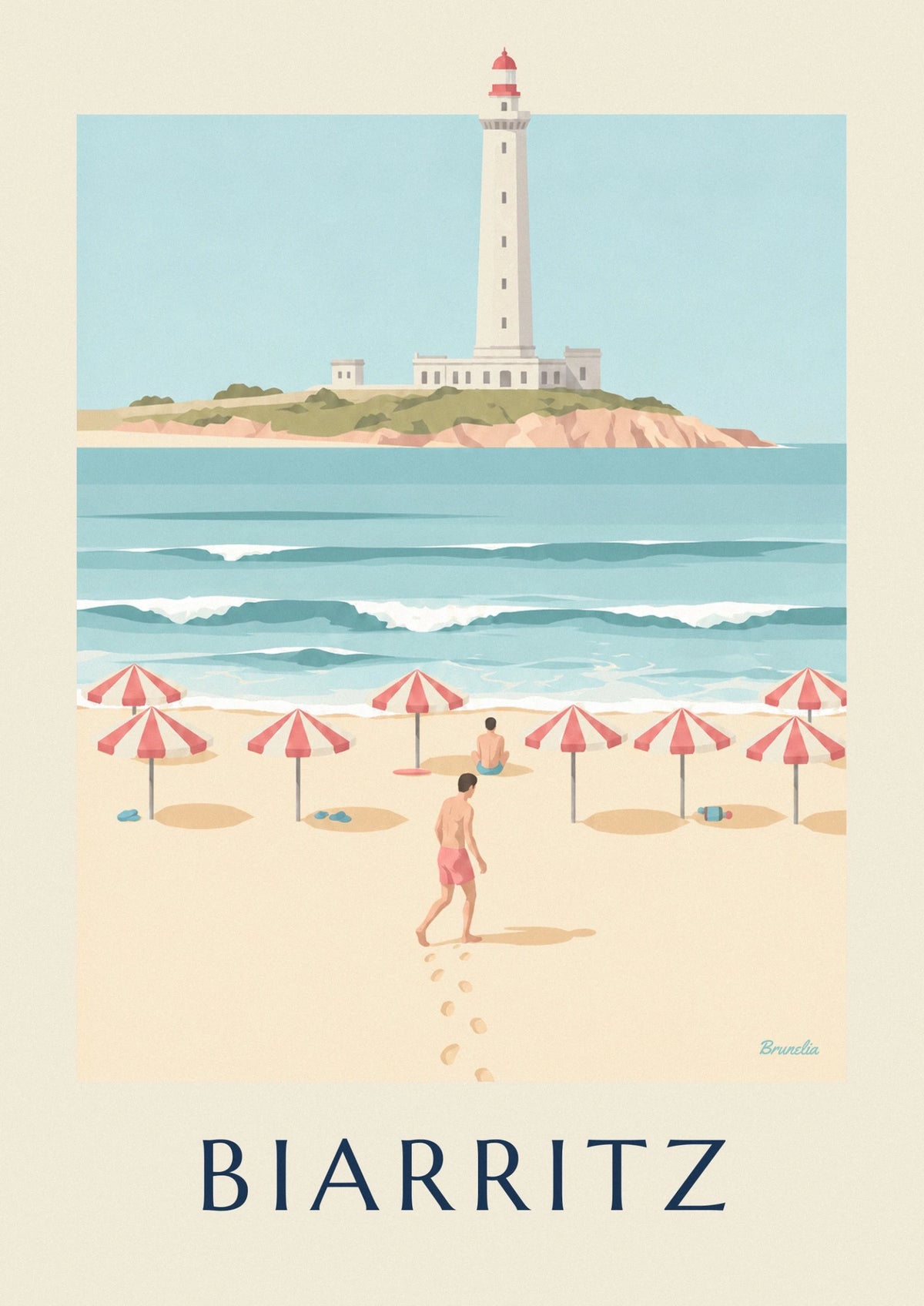 Biarritz striped beach parasols and offshore lighthouse poster
